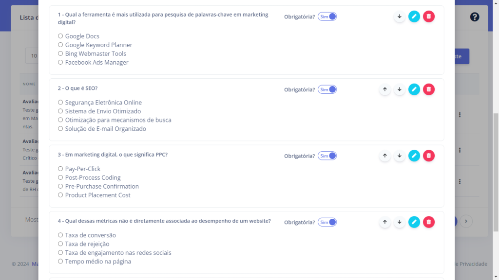 Edição de testes no Matchjob Empresas