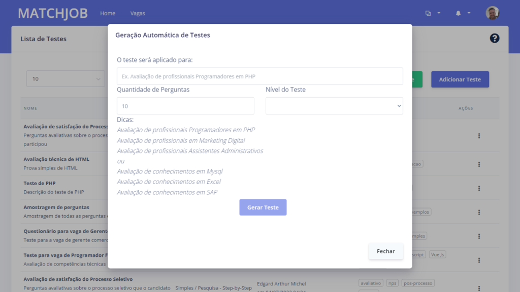 Geração de testes automaticamente por IA