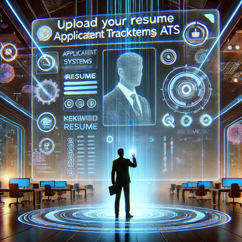 A futuristic scene where a candidate is uploading their resume to an advanced digital platform optimized for Applicant Tracking Systems (ATS).